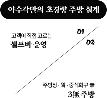 야수각만의 초경량 주방 설계 — 01 고객이 직접 고르는 셀프바 운영, 02 주방장·웍·중식화구 無 3無 주방